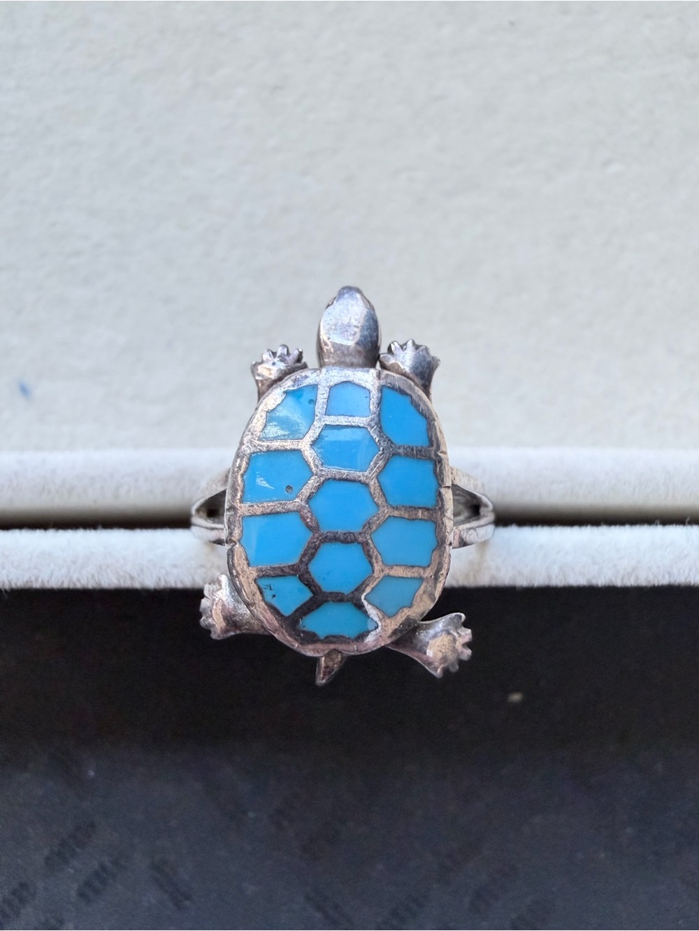 Vintage Sterling Zuni Style Turquoise Inlay Articulated Ring Size 8+